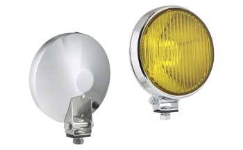 Przeciwmgłowy (przeciwmgielny) reflektor halogenowy w metalowej chromowanej obudowie - żółty