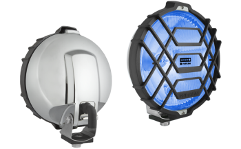 Drogowy reflektor halogenowy w chromowanej obudowie ze światłem pozycyjnym - błękitny