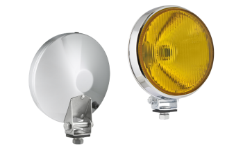 Drogowy reflektor halogenowy w metalowej chromowanej obudowie - żółty